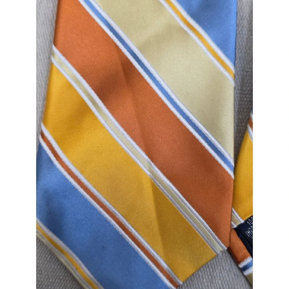 Paul‎ Fredrick Mens Silk Necktie Orange Blue Yellow Striped Handmade Tie